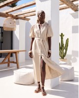 "Aurelia" Belted Lace-Detail Dress beige