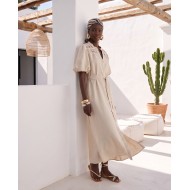 "Aurelia" Belted Lace-Detail Dress beige