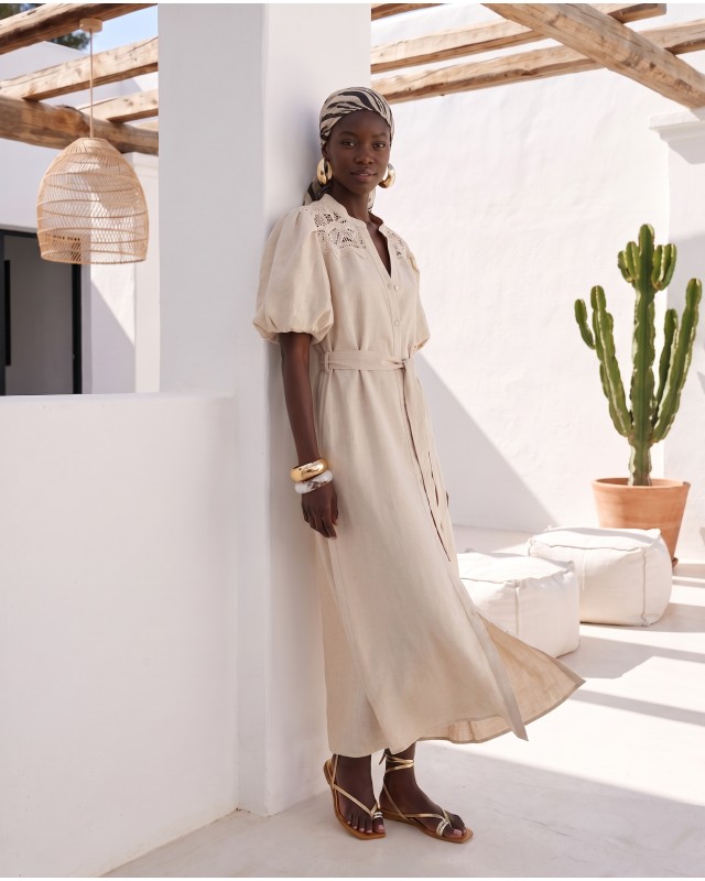 "Aurelia" Belted Lace-Detail Dress beige