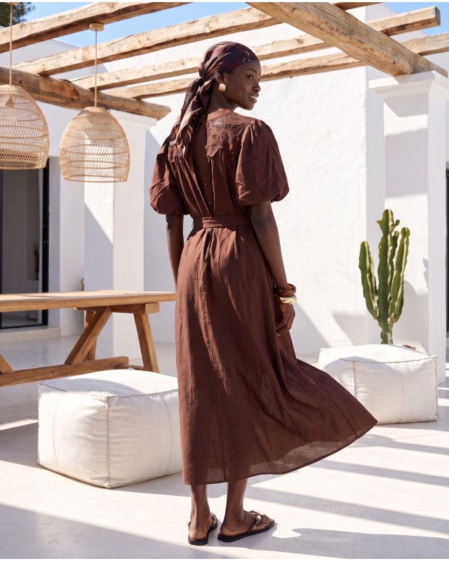 "Aurelia" Belted Lace-Detail Dress chocolate 