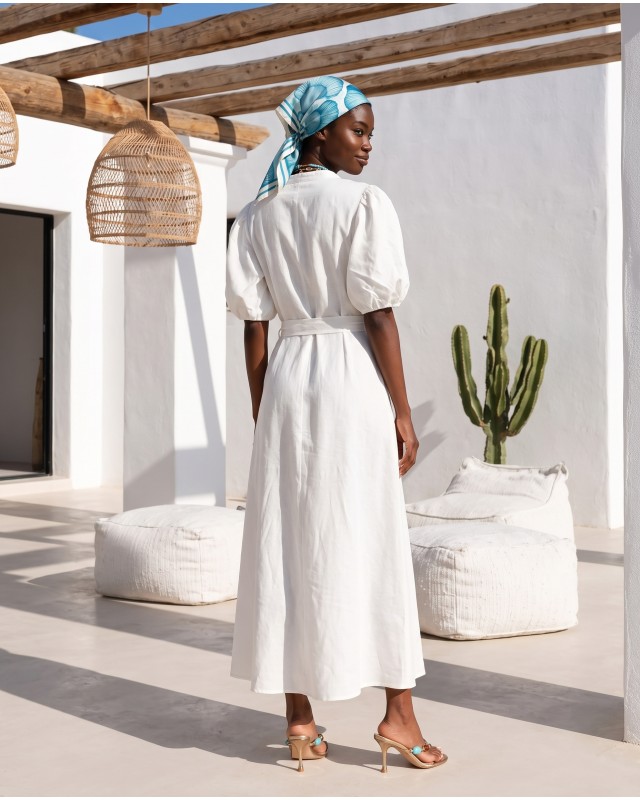 "Aurelia" Belted Lace-Detail Dress white