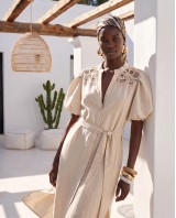 "Aurelia" Belted Lace-Detail Dress beige