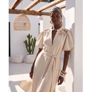 "Aurelia" Belted Lace-Detail Dress beige