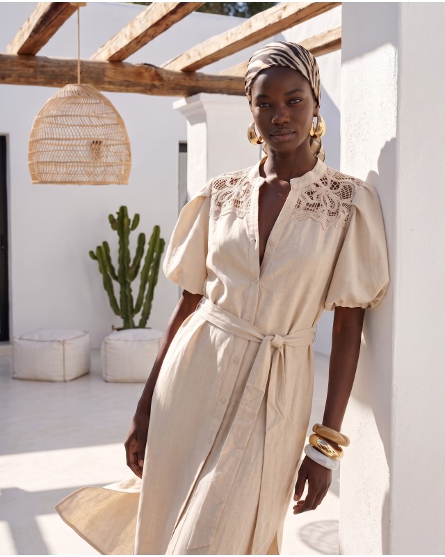 "Aurelia" Belted Lace-Detail Dress beige