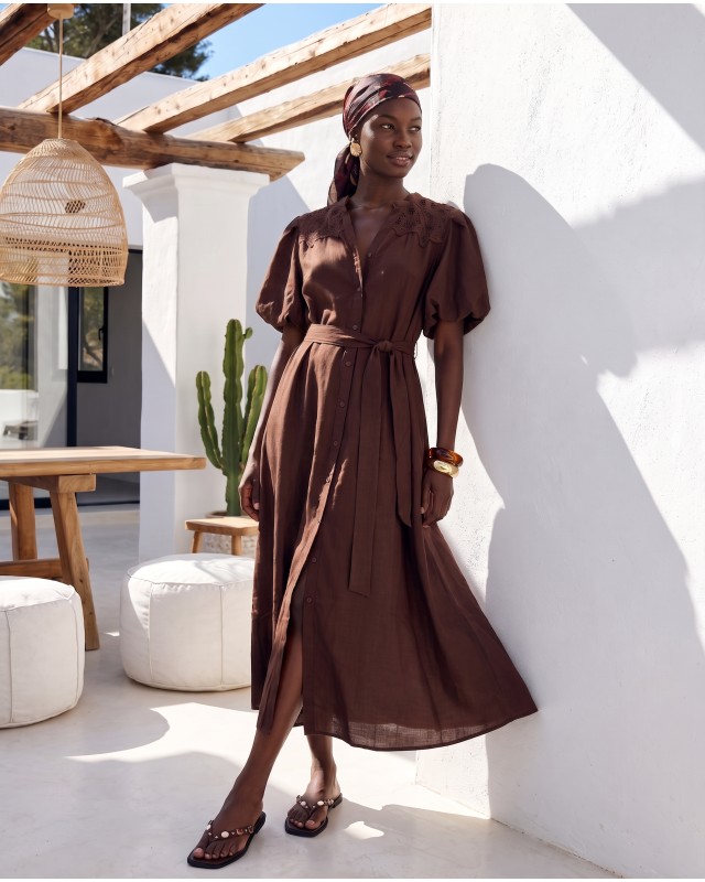 "Aurelia" Belted Lace-Detail Dress chocolate 
