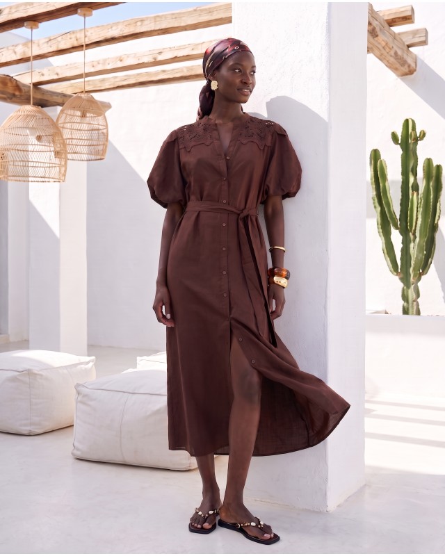 "Aurelia" Belted Lace-Detail Dress chocolate 