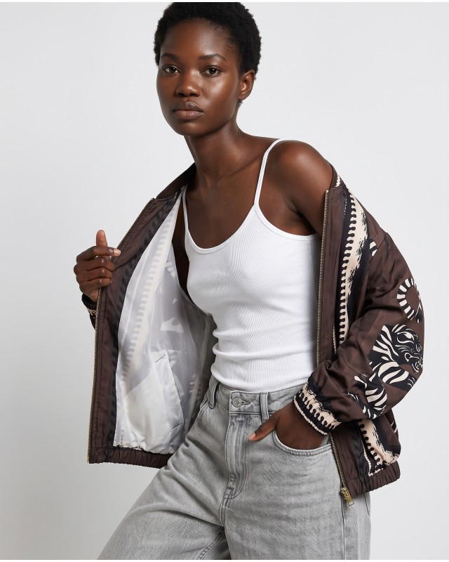 Bomber Jacket με Tiger Print & Φερμουάρ - brown