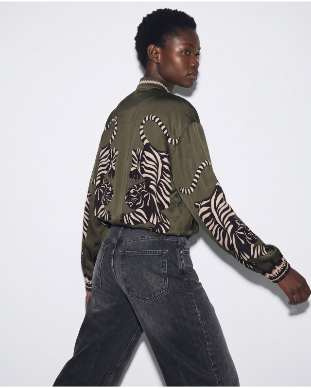 Bomber Jacket με Tiger Print & Φερμουάρ - Χακί
