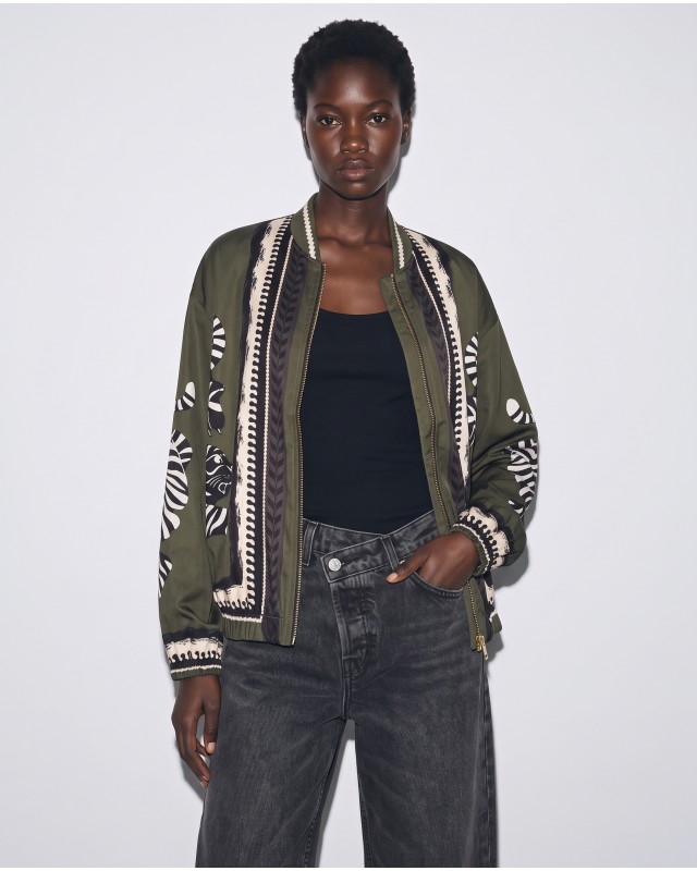 Bomber Jacket με Tiger Print & Φερμουάρ - Χακί