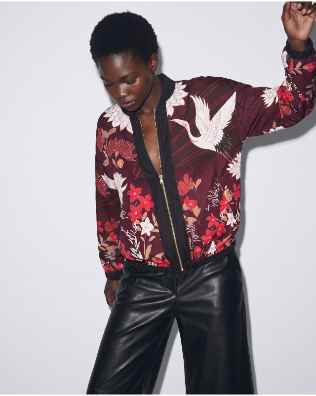 Bomber Jacket με Floran Print & Φερμουάρ - red