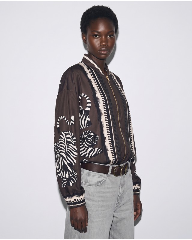 Bomber Jacket με Tiger Print & Φερμουάρ - brown