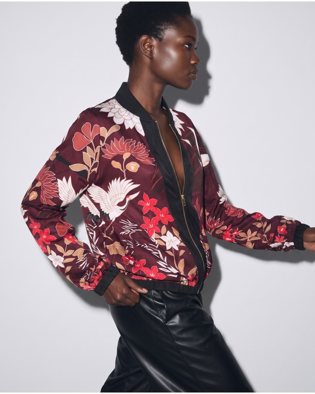 Bomber Jacket με Floran Print & Φερμουάρ - red
