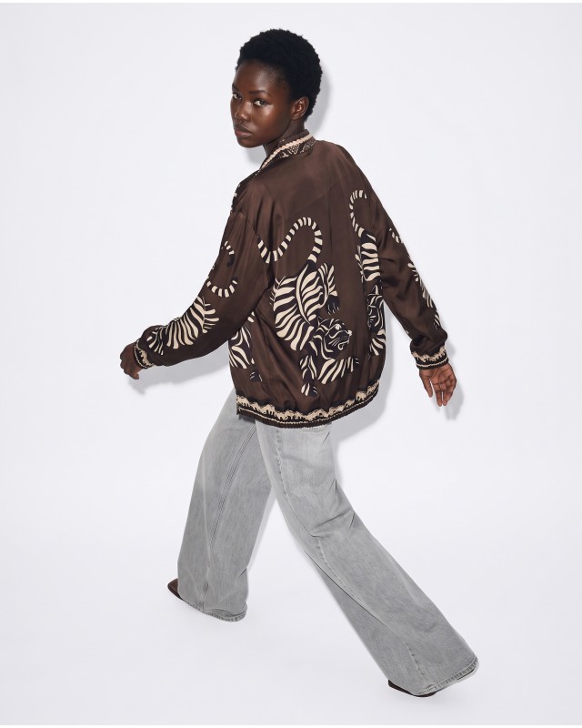 Bomber Jacket με Tiger Print & Φερμουάρ - brown