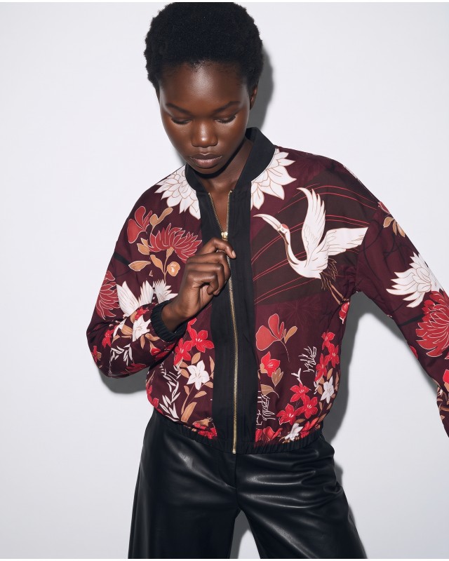 Bomber Jacket με Floran Print & Φερμουάρ - red