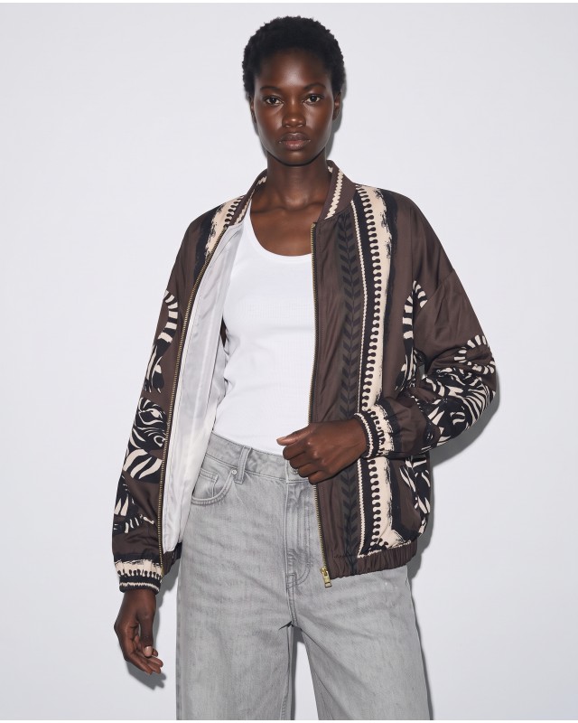 Bomber Jacket με Tiger Print & Φερμουάρ - brown