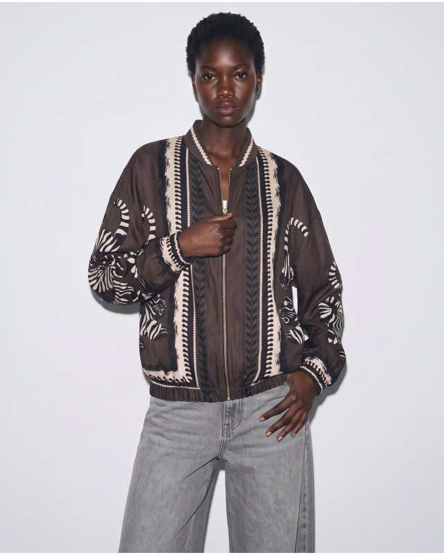 Bomber Jacket με Tiger Print & Φερμουάρ - brown