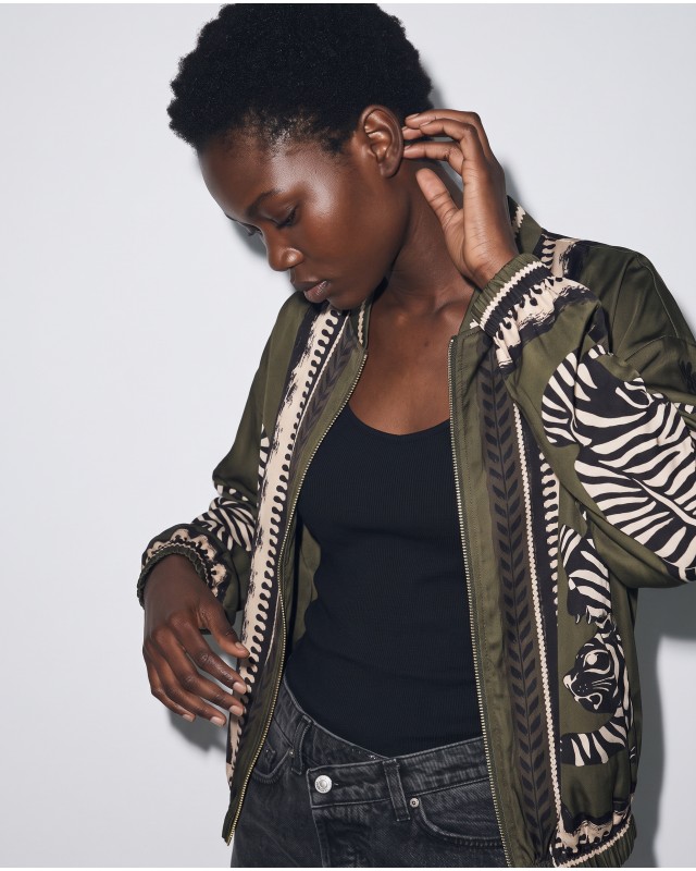 Bomber Jacket με Tiger Print & Φερμουάρ - Χακί