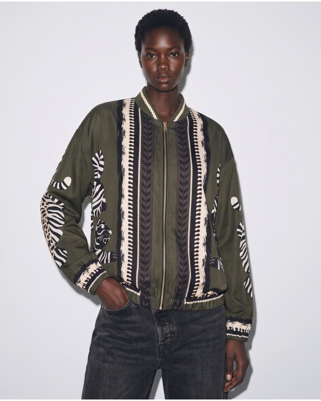 Bomber Jacket με Tiger Print & Φερμουάρ - Χακί