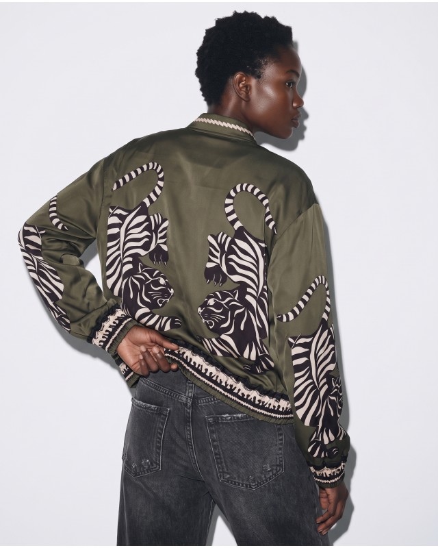 Bomber Jacket με Tiger Print & Φερμουάρ - Χακί