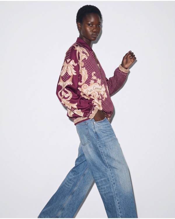 Bomber Jacket με Baroque Print & Πουά Σχέδιο - Plum