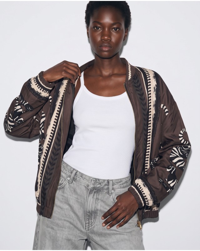 Bomber Jacket με Tiger Print & Φερμουάρ - brown