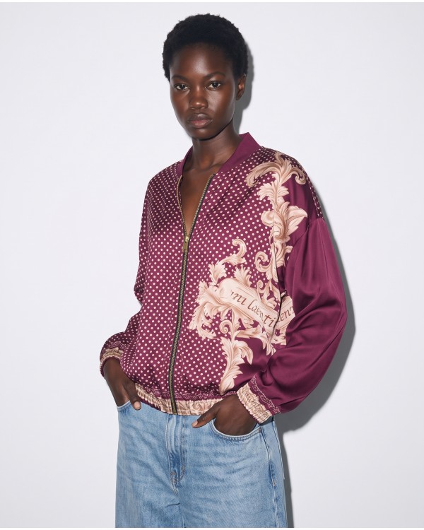 Bomber Jacket με Baroque Print & Πουά Σχέδιο - Plum