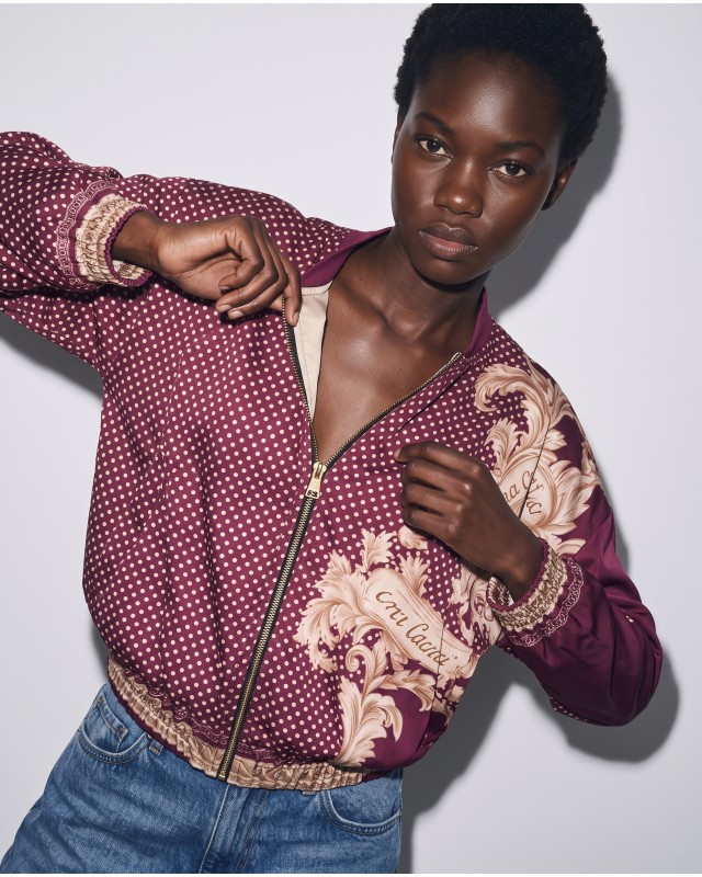 Bomber Jacket με Baroque Print & Πουά Σχέδιο - Plum