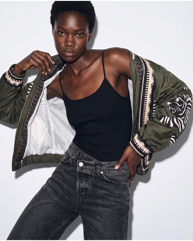 Bomber Jacket με Tiger Print & Φερμουάρ - Χακί
