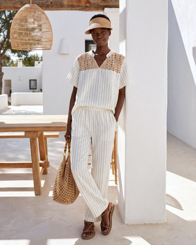 Σετ "Ibiza Crochet" ριγέ λευκό