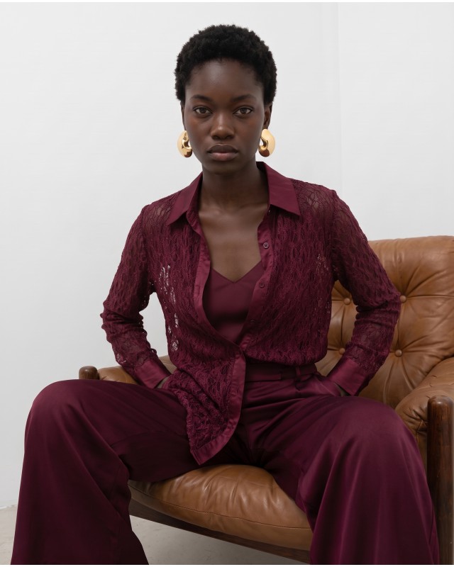 Lace Shirt with Satin Details - Burgundy
