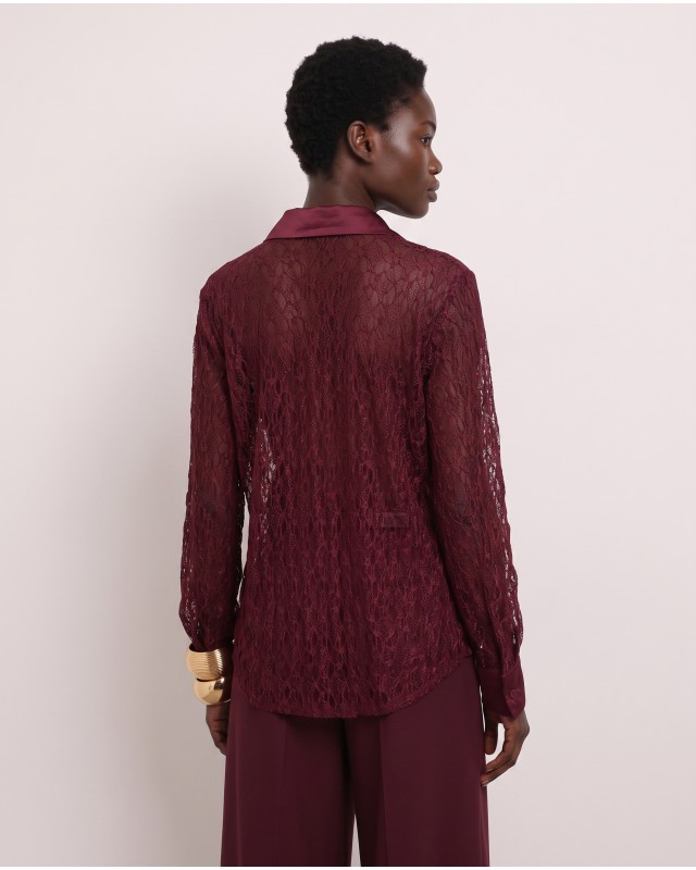 Lace Shirt with Satin Details - Burgundy