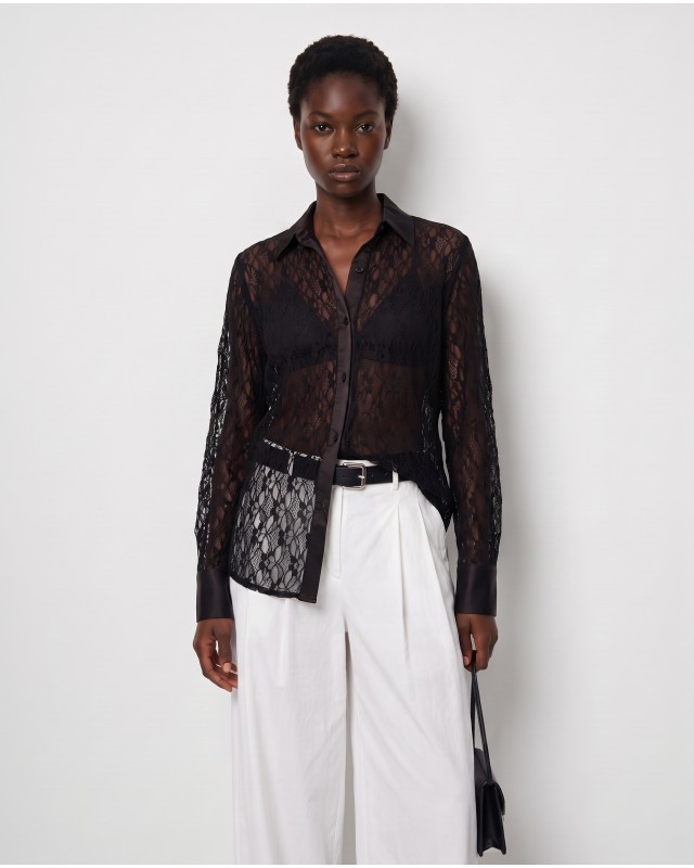 Lace Shirt with Satin Details - black