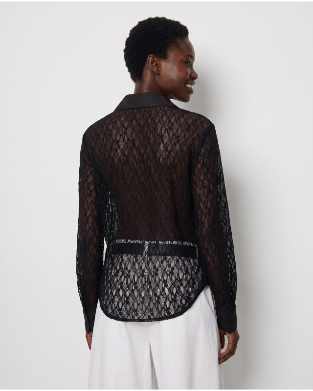 Lace Shirt with Satin Details - black