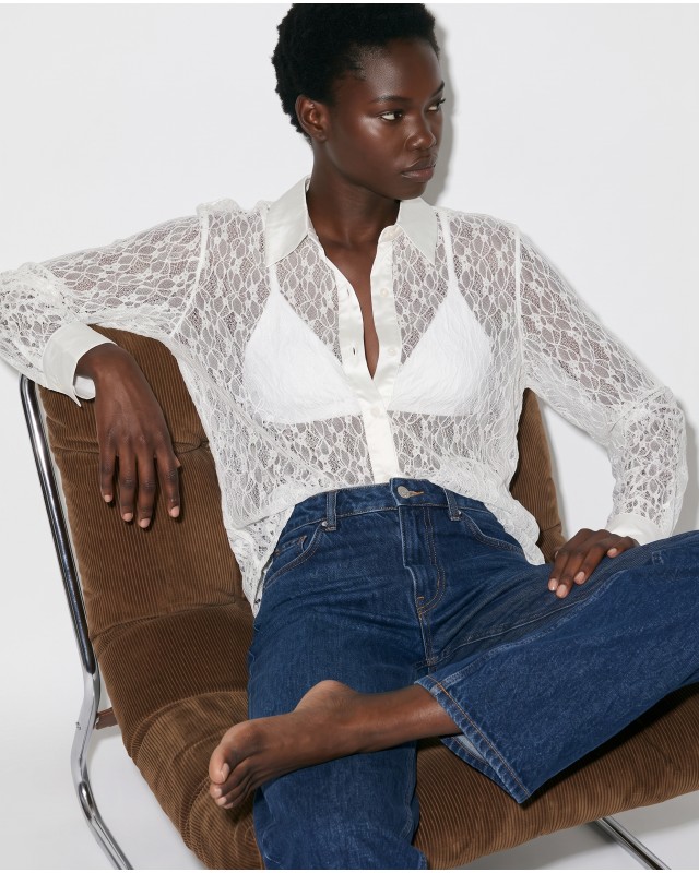 Lace Shirt with Satin Details - white