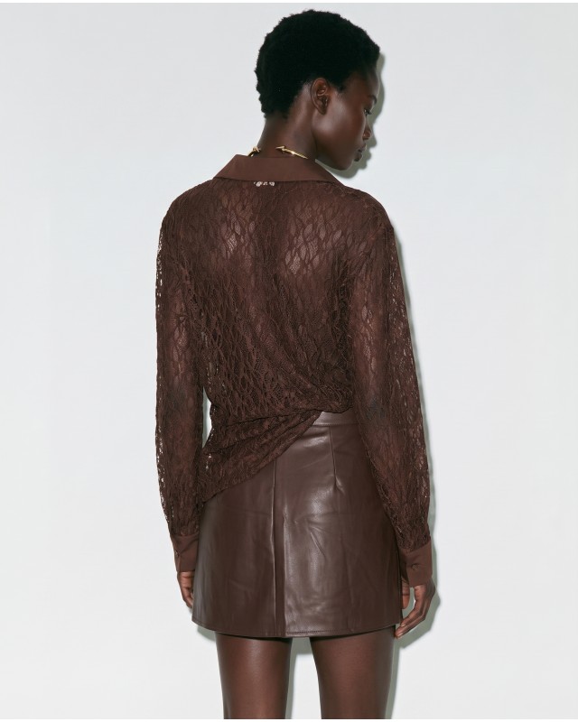Lace Shirt with Satin Details - brown