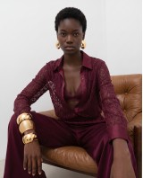 Lace Shirt with Satin Details - Burgundy
