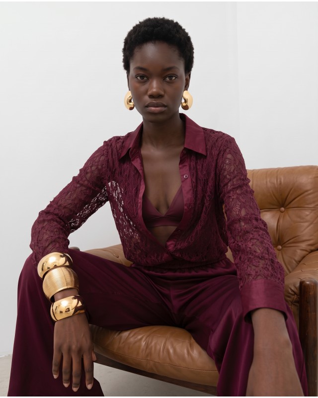 Lace Shirt with Satin Details - Burgundy