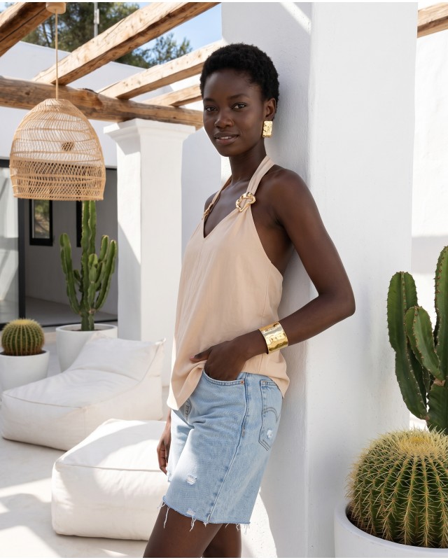 Aurelia Gold-Accent Blouse – Sand Beige