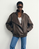 High-Neck Oversized Faux Leather Jacket - brown