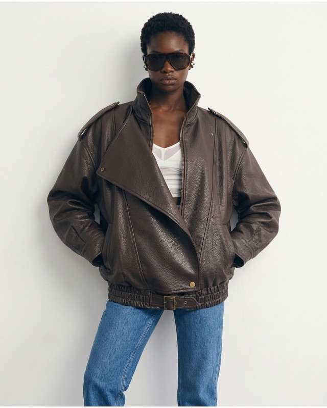High-Neck Oversized Faux Leather Jacket - brown