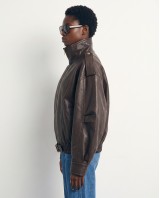 High-Neck Oversized Faux Leather Jacket - brown