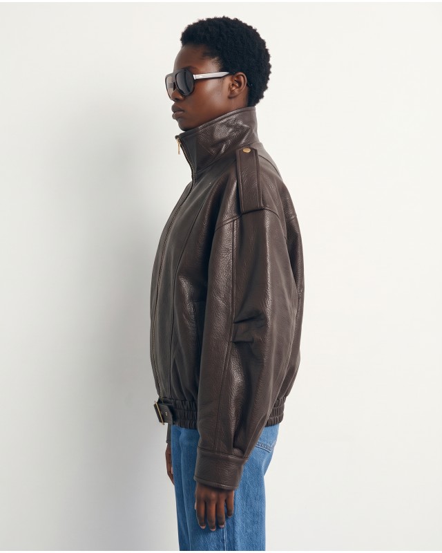 High-Neck Oversized Faux Leather Jacket - brown