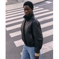 High-Neck Oversized Faux Leather Jacket - Black