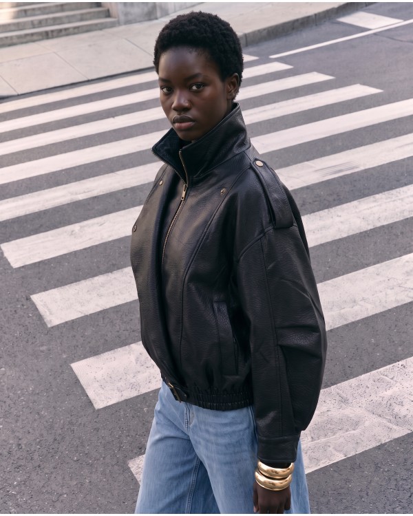 High-Neck Oversized Faux Leather Jacket - Black