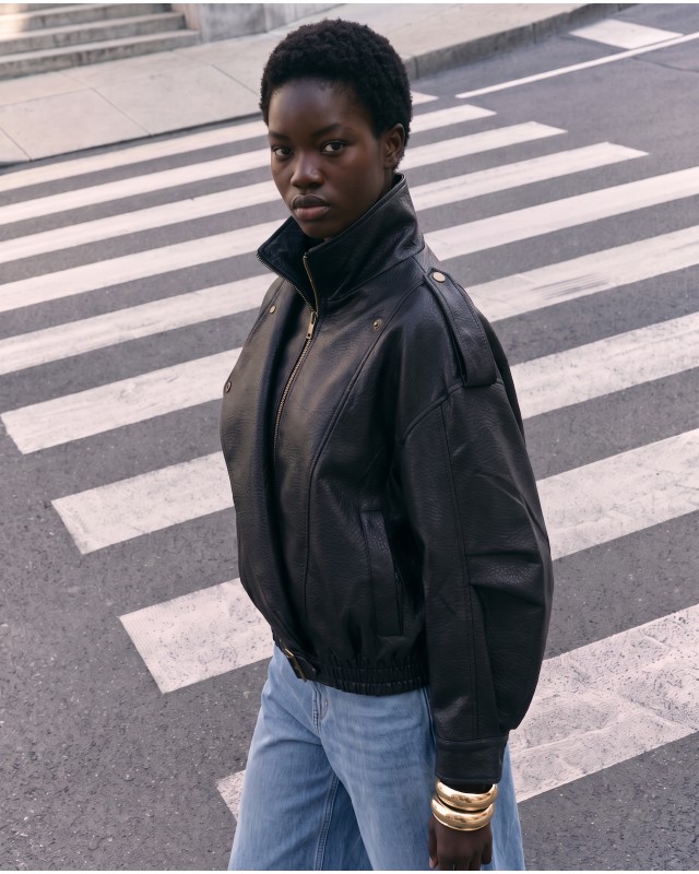High-Neck Oversized Faux Leather Jacket - Black