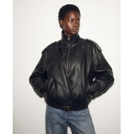 High-Neck Oversized Faux Leather Jacket - Black