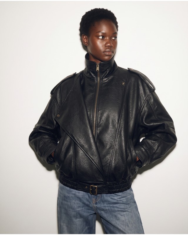 High-Neck Oversized Faux Leather Jacket - Black