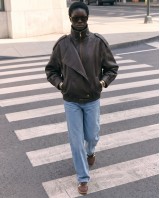 High-Neck Oversized Faux Leather Jacket - brown