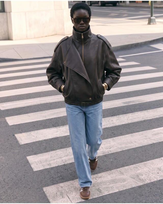High-Neck Oversized Faux Leather Jacket - brown