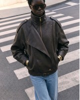 High-Neck Oversized Faux Leather Jacket - brown